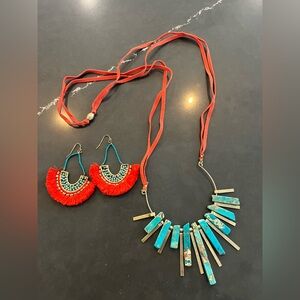 Turquoise and Red Statement Necklace and Earring Set
